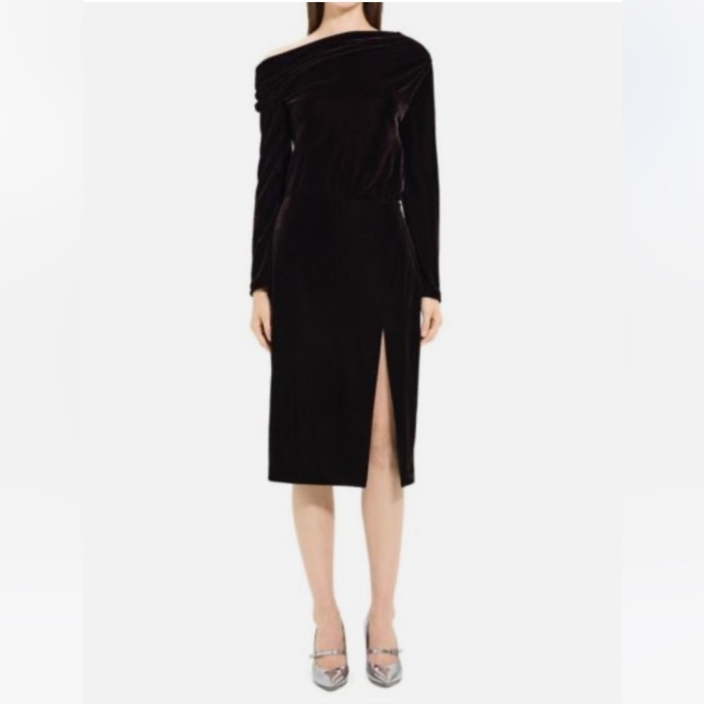 New Theory Asymmetrical Off Shoulder Midi Dress with Slit Velvet Drape Sz 4